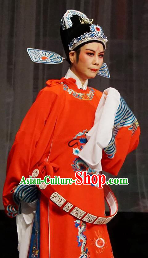 Chinese Yue Opera Wedding Costumes Palace Refuse Marriage Apparels and Headwear Shaoxing Opera Scholar Official Song Hong Red Embroidered Robe Garment
