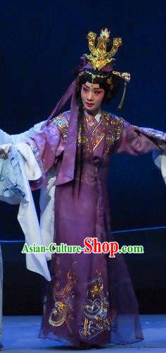Chinese Beijing Opera Actress Young Female Apparels Costumes and Headdress Chun Qiu Er Xu Traditional Peking Opera Hua Tan Purple Dress Garment