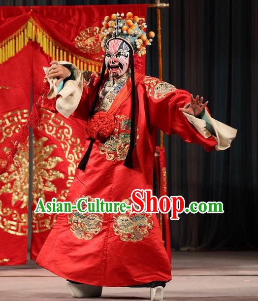 Tao Hua Cun Chinese Peking Opera Martial Man Garment Costumes and Headwear Beijing Opera Bridegroom Apparels Bully Zhou Tong Clothing