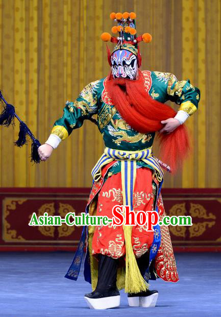 Yao Qi Chinese Peking Opera Martial Male Garment Costumes and Headwear Beijing Opera Wusheng Apparels Takefu Green Clothing