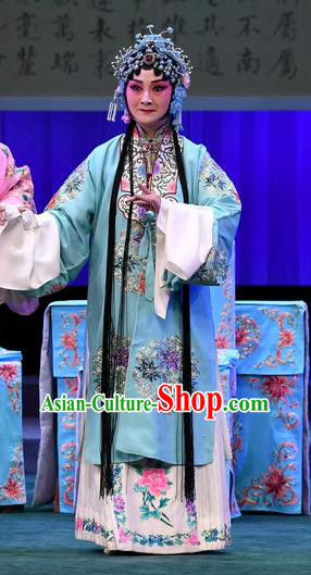 Chinese Beijing Opera Young Female Zhang Yuzhen Apparels Costumes and Headdress Love of Jade Hairpin Traditional Peking Opera Hua Tan Dress Actress Blue Garment