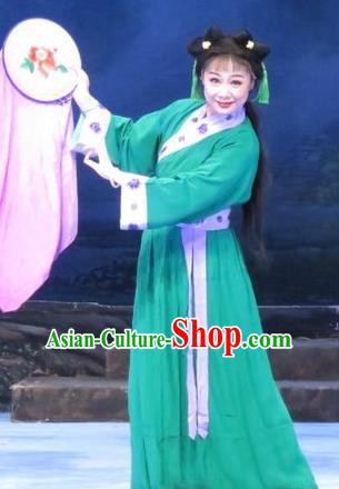 Chinese Ping Opera Young Lady Apparels Costumes and Headpieces Traditional Pingju Opera Pear Blossom Love Embroidered Female Green Dress Garment