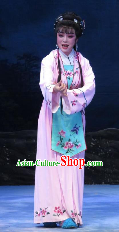 Chinese Ping Opera Embroidered Female Li Hua Apparels Costumes and Headpieces Traditional Pingju Opera Pear Blossom Love Actress Pink Dress Garment