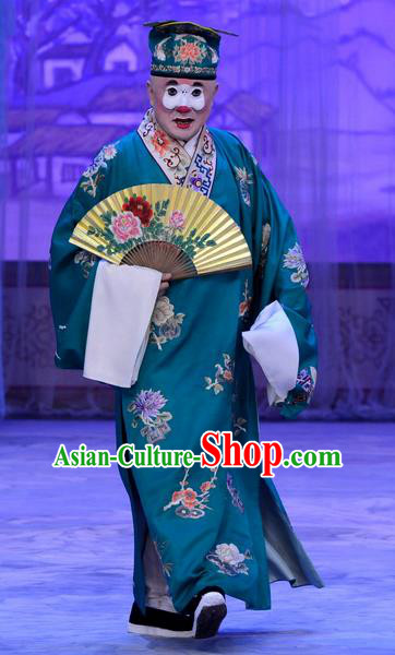 Han Yuniang Chinese Peking Opera Dude Garment Costumes and Headwear Beijing Opera Bully Apparels Clown Hu Wei Green Robe Clothing