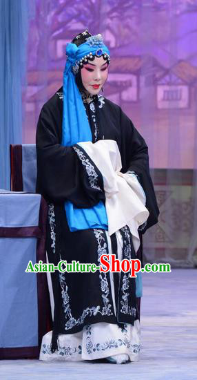 Chinese Beijing Opera Young Woman Apparels Costumes and Headdress Han Yuniang Traditional Peking Opera Diva Black Dress Distress Maiden Garment
