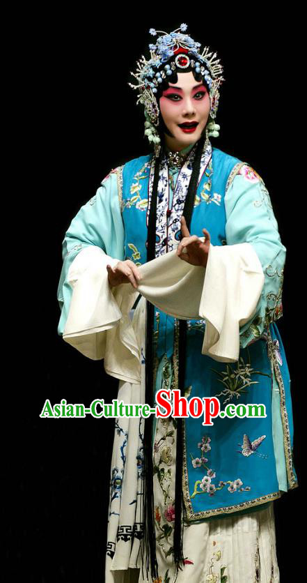 Chinese Beijing Opera Distress Maiden Apparels Costumes and Headdress Han Yuniang Traditional Peking Opera Diva Blue Dress Young Woman Garment