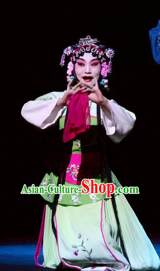 Chinese Beijing Opera Xiaodan Apparels Costumes and Headdress On A Wall and Horse Traditional Peking Opera Young Lady Dress Maidservant Garment