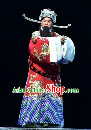 Qing Tian Dao Chinese Peking Opera Loyal Official Garment Costumes and Headwear Beijing Opera Laosheng Apparels Elderly Male Hai Rui Clothing