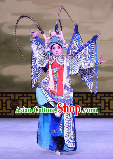 Jiu Jiang Kou Chinese Peking Opera Young General Garment Costumes and Headwear Beijing Opera Wusheng Apparels Martial Male Hua Yunlong Kao Armor Suit with Flags Clothing