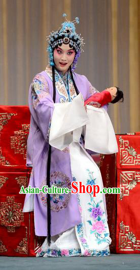 Chinese Beijing Opera Noble Female Apparels Zhan Tai Ping Costumes and Headdress Traditional Peking Opera Actress Young Mistress Purple Dress Garment