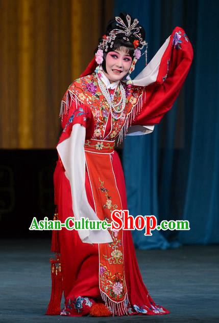 Chinese Beijing Opera Young Beauty Apparels Hongniang Costumes and Headpieces Traditional Peking Opera Xiaodan Red Dress Maidservant Garment