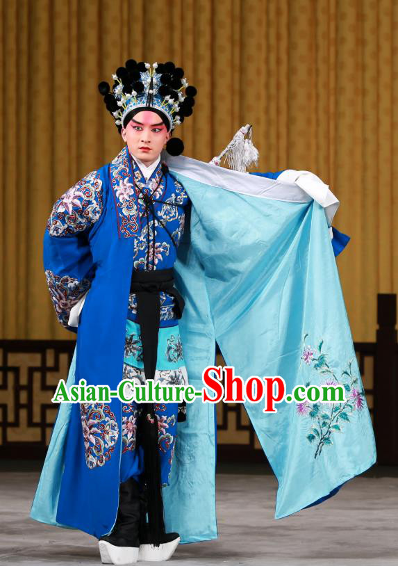 San Dao Ling Chinese Peking Opera Swordsman Garment Costumes and Headwear Beijing Opera Martial Male Apparels Takefu Yan Qing Clothing