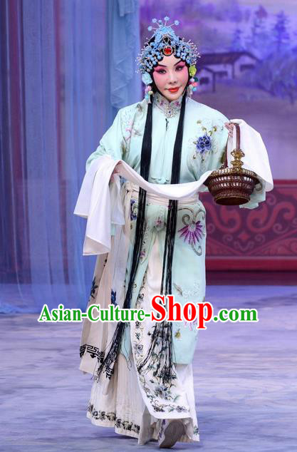 Chinese Beijing Opera Young Female Liu Lanzhi Apparels Costumes and Headpieces Traditional Peking Opera Tsing Yi Dress Garment