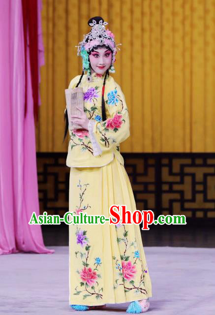 Chinese Beijing Opera Young Lady Apparels Xun Guanniang Costumes and Headpieces Traditional Peking Opera Hua Tan Yellow Dress Actress Garment