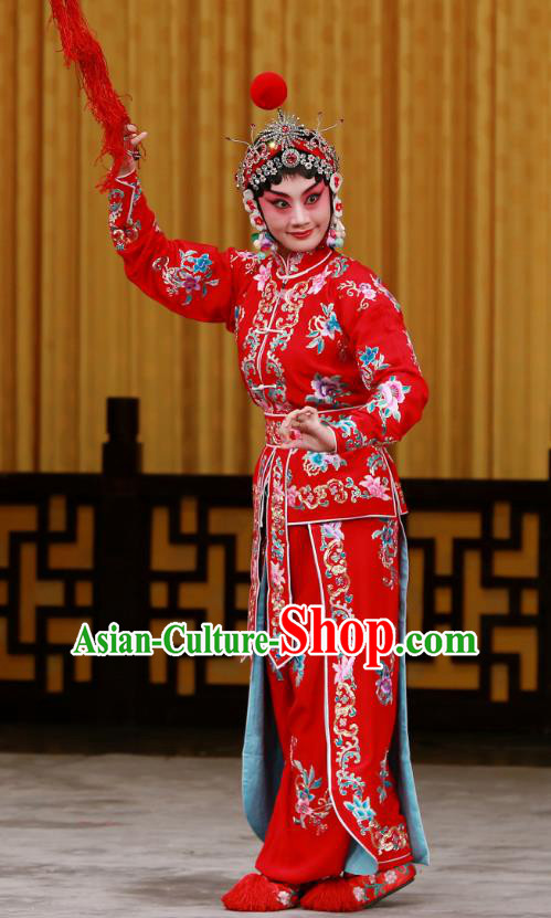 Chinese Beijing Opera Swordsplay Female Tao Sanchun Apparels Da Gua Yuan Costumes and Headpieces Traditional Peking Opera Actress Red Dress Garment