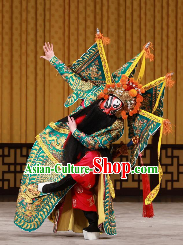 Bei Fa Zhong Yuan Chinese Peking Opera Wusheng Jing Role Garment Costumes and Headwear Beijing Opera General Jiang Wei Apparels Armor Clothing with Flags