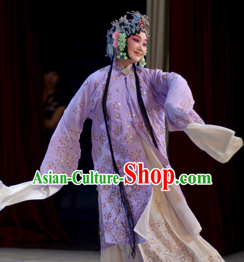 Chinese Beijing Opera Hua Tan Young Mistress Apparels Chun Gui Meng Costumes and Headpieces Traditional Peking Opera Actress Purple Dress Garment