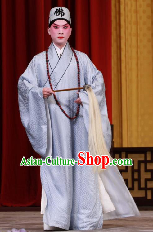 Sha Qiao Jian Bie Chinese Peking Opera Monk Grey Robe Garment Costumes and Headwear Beijing Opera Xuan Zhuang Apparels Clothing