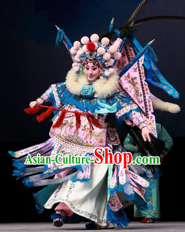Chinese Beijing Opera Blues Armor Apparels Mu Ke Zhai Costumes and Headpieces Traditional Peking Opera Tao Ma Tan Dress Mu Guiying Kao Garment with Flags