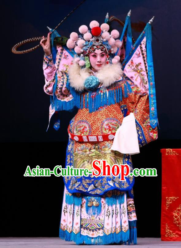 Chinese Beijing Opera Tao Ma Tan Armor Apparels Mu Ke Zhai Costumes and Headpieces Mu Guiying Kao Garment with Flags Traditional Peking Opera Blues Dress