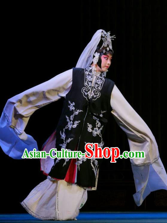 Chinese Beijing Opera Young Female Yan Xijiao Apparels Catch San Lang Costumes and Headdress Traditional Peking Opera Tsing Yi Dress Garment
