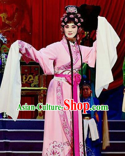 Chinese Beijing Opera Hua Tan Apparels Qi Nv Wu Rong Costumes and Headdress Traditional Peking Opera Young Female Pink Dress Actress Garment