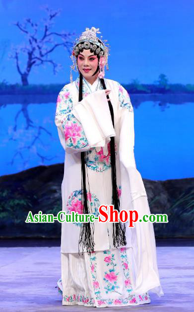 Chinese Beijing Opera Diva Bai Suzhen Apparels You Hu Costumes and Headdress Traditional Peking Opera Hua Tan Dress Young Female White Garment