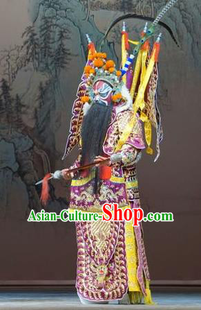 Legend of Xu Mu Chinese Peking Opera Purple Armor with Flags Apparels Costumes and Headpieces Beijing Opera Military Officer Garment General Li Dian Kao Clothing
