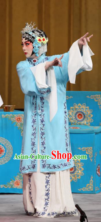 Chinese Beijing Opera Hua Tan Garment Jin Yunu Costumes and Hair Accessories Traditional Peking Opera Young Lady Blue Dress Actress Apparels