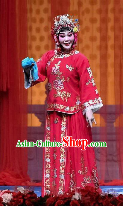Chinese Beijing Opera Hua Tan Zhang Sumei Garment Jie Mei Yi Jia Costumes and Hair Accessories Traditional Peking Opera Bride Red Dress Actress Apparels