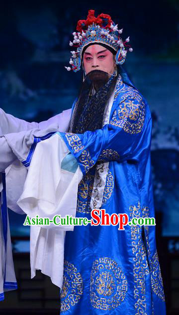 Shao Gu Ji Chinese Ping Opera Laosheng Garment Costumes and Headwear Pingju Opera Minister Zhu Huai Blue Robe Apparels Clothing