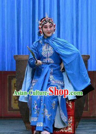 Chinese Beijing Opera Swordswoman Garment Da Jiu Guan Costumes and Hair Accessories Traditional Peking Opera Martial Female Blue Dress Apparels
