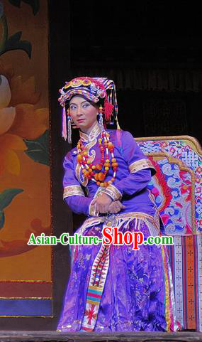Chinese Sichuan Opera Actress Costumes and Hair Accessories Chen Ai Luo Ding Traditional Peking Opera Tibetan Female Purple Dress Countess Apparels
