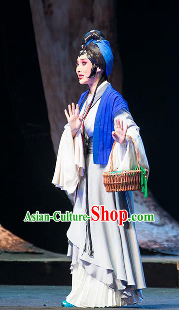 Chinese Sichuan Opera Country Woman Du Juan Costumes and Hair Accessories Hui Lan Ji Traditional Peking Opera Diva Dress Young Female Apparels