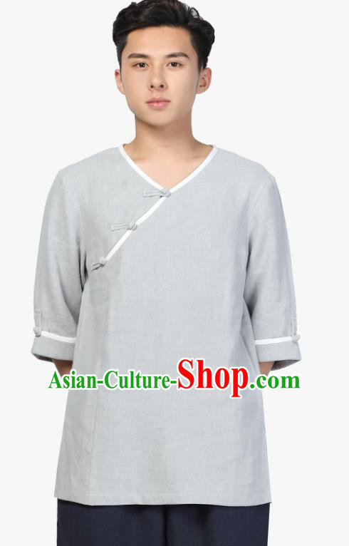 Chinese Traditional Tang Suit Costume National Clothing Slant Opening Grey Ramie Shirt Upper Outer Garment for Men