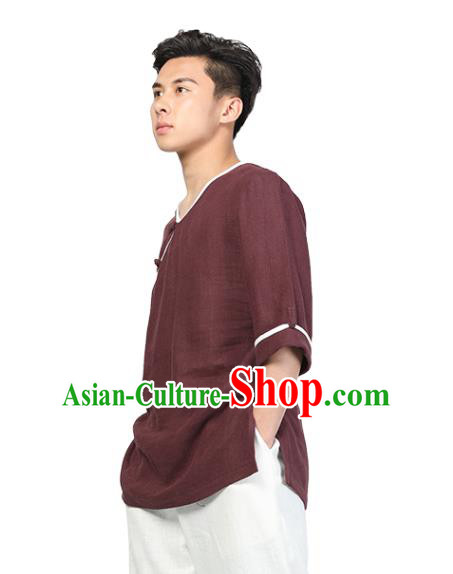 Chinese Traditional Tang Suit Costume National Clothing Slant Opening Wine Red Ramie Shirt Upper Outer Garment for Men