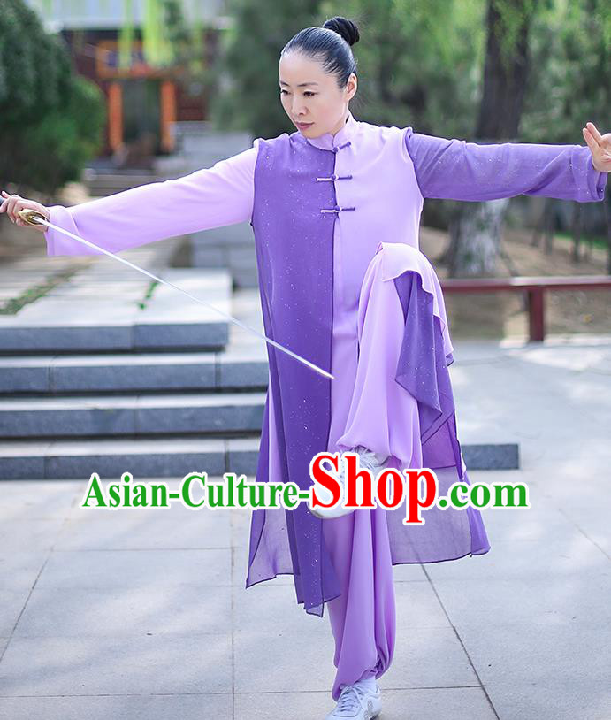 Professional Tai Chi Competition Costume Tai Ji Training Outfits Clothing Top Grade Martial Arts Purple Uniform for Women