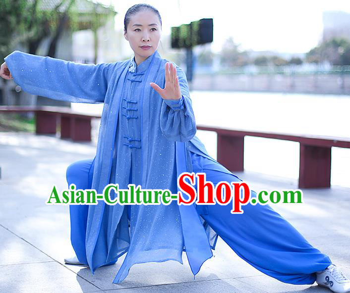 Chinese Traditional Tai Chi Competition Costume Professional Tai Ji Training Outfits Clothing Top Grade Martial Arts Blue Uniform for Women