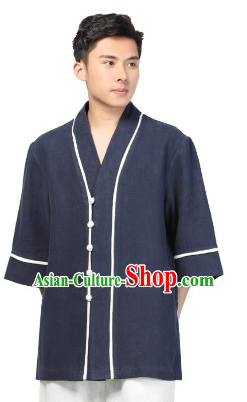 Chinese Traditional Tang Suit Costume National Clothing Navy Ramie Shirt for Men