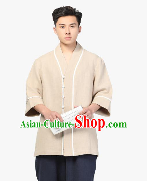 Chinese Traditional Tang Suit Costume National Clothing Beige Ramie Shirt for Men