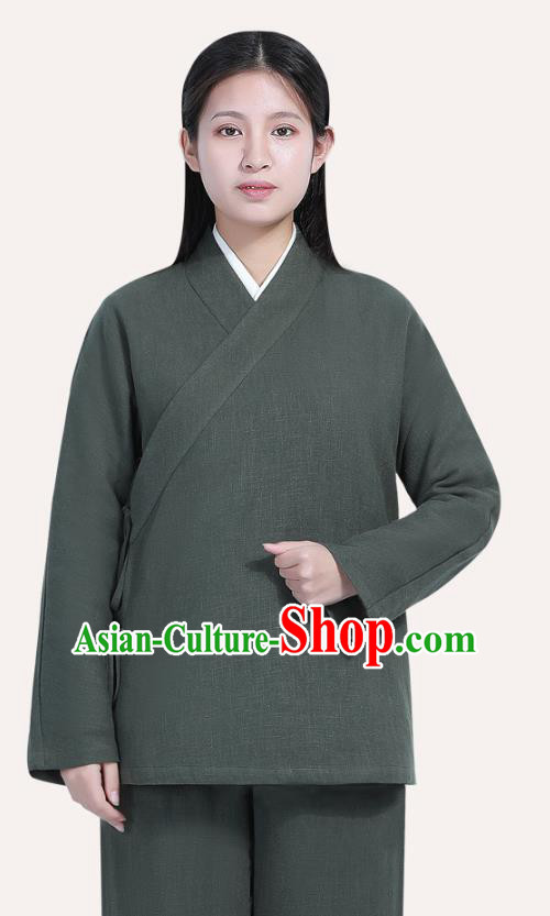 Chinese Traditional Lay Buddhist Costume Top Grade Tai Ji Uniforms Professional Tang Suit Women Atrovirens Ramie Meditation Outfits
