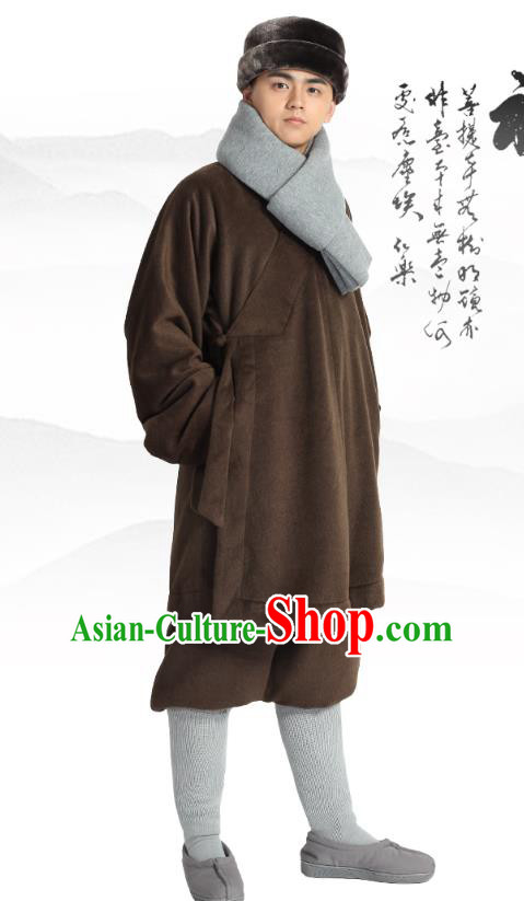 Chinese Traditional Monk Winter Brown Costume Lay Buddhist Clothing Meditation Garment Shirt and Pants for Men