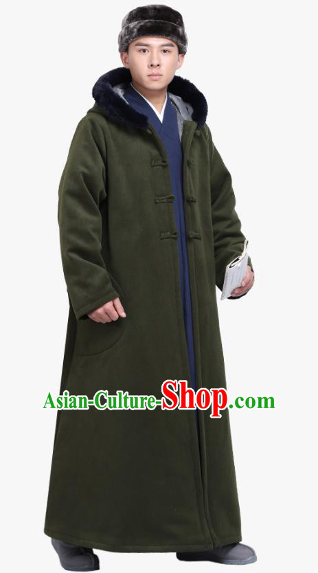 Chinese Traditional Winter Dark Green Cloak Costume Lay Buddhist Clothing Meditation Garment Dust Coat for Men