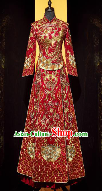 Top Grade Chinese Ancient Bride Embroidered Phoenix Xiuhe Suit Toast Red Dress Traditional Wedding Costumes for Women