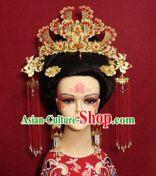 Traditional Handmade Chinese Ancient Queen Red Beads Hair Accessories Golden Phoenix Coronet Hair Jewelry Hair Fascinators Tassel Hairpins for Women