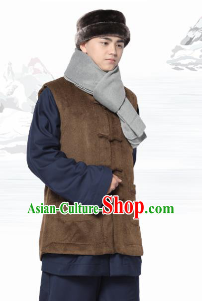 Chinese Traditional Winter Brown Vest Costume Meditation Garment Lay Buddhist Waistcoat for Men