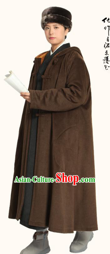 Chinese Traditional Winter Brown Woolen Cloak Costume Lay Buddhist Clothing Meditation Garment Dust Coat for Men