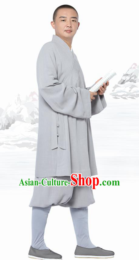 Chinese Traditional Monk Light Grey Short Gown and Pants Meditation Garment Buddhist Costume for Men