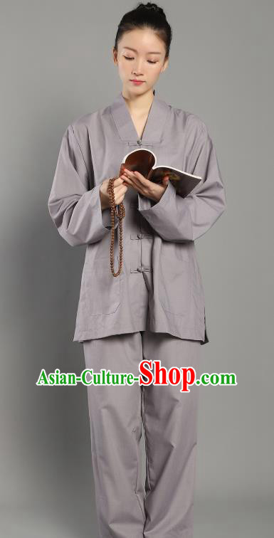 Chinese Lay Buddhist Dress Costume Traditional Meditation Garment Clothing Grey Plated Buttons Blouse and Pants for Women