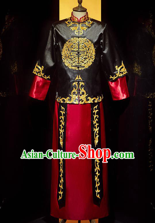 Chinese Handmade Bridegroom Embroidered Costume Traditional Wedding Garment Clothing Tang Suit Black Mandarin Jacket and Robe for Men